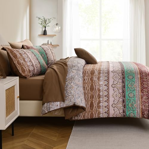 Image of Cottolester Boho Comforter Set Full Size 8 Pieces, Brown Bohemian Striped Bed in a Bag, Paisley Soft Microfiber Bedding Comforter Set