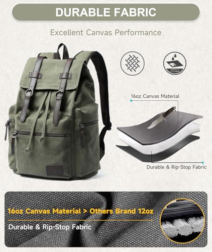 Moyyi Vintage Canvas Backpack For Men Olive Green Rucksack Fit 15.6 Inch Laptop Large Retro Flap Daypack For Casual Hiking Travel Commute thumb #4
