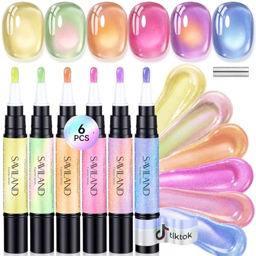 Image of SAVILAND One-Step Cat Eye Gel Nail Polish Pen Set: 3-In-1 Gel Nail Pen Glitter Glass Yellow Green Pink Magnetic Gel Polish with Magnet Quick Salon‑Quality Cateye Effect Easy to Use Women Home Travel