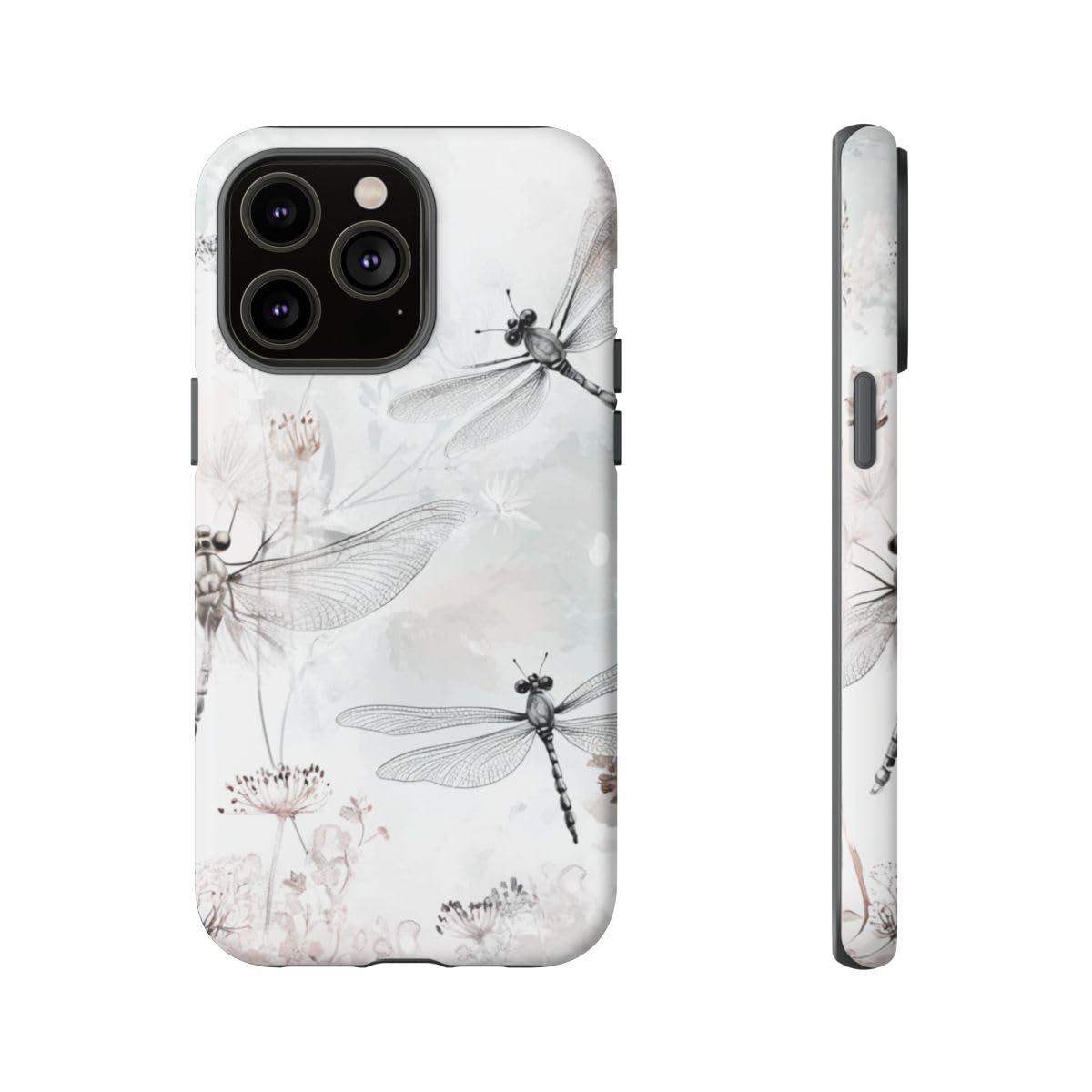 Coque iPhone 14 Pro Max libellules délicates, étui rigide mat gris et floral - 5