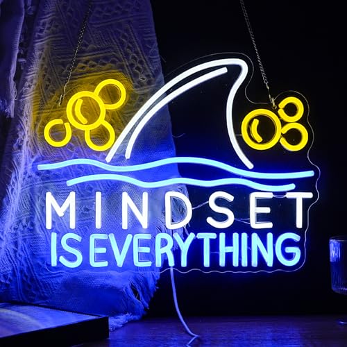 Image of Mindset is Everything Neon Sign Led Fish Shark Neon Light Up Sign Dimmable Inspirational Neon Wall Decor sign for Classroom Office Bedroom School 16.5 * 12.6 IN