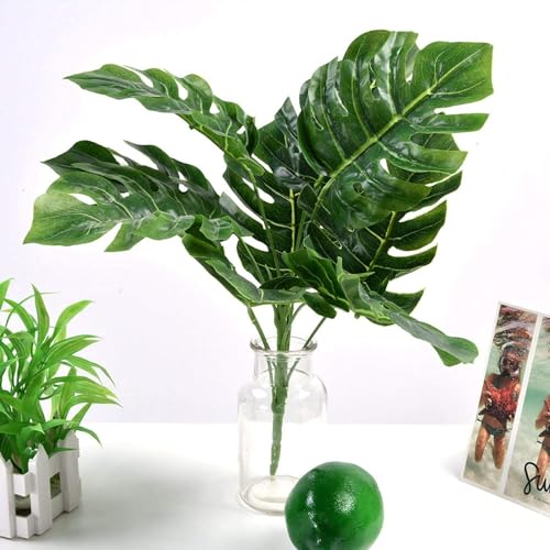 Image of Dekorly Plastic Artificial Palm Plants - Faux Turtle Leaf, Fake Monstera Tropical Large Palm Tree Leaves for Outdoor UV Imitation Decorations | 9 Leaves | 15 Inches (Only One Stick, Green)