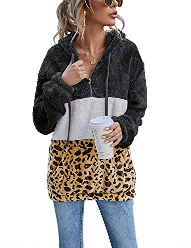 LOMON Women Casual Fuzzy Sweatshirt Faux Fleece Zip Pullover Hoodies Coat Outwear Dark Gray Small