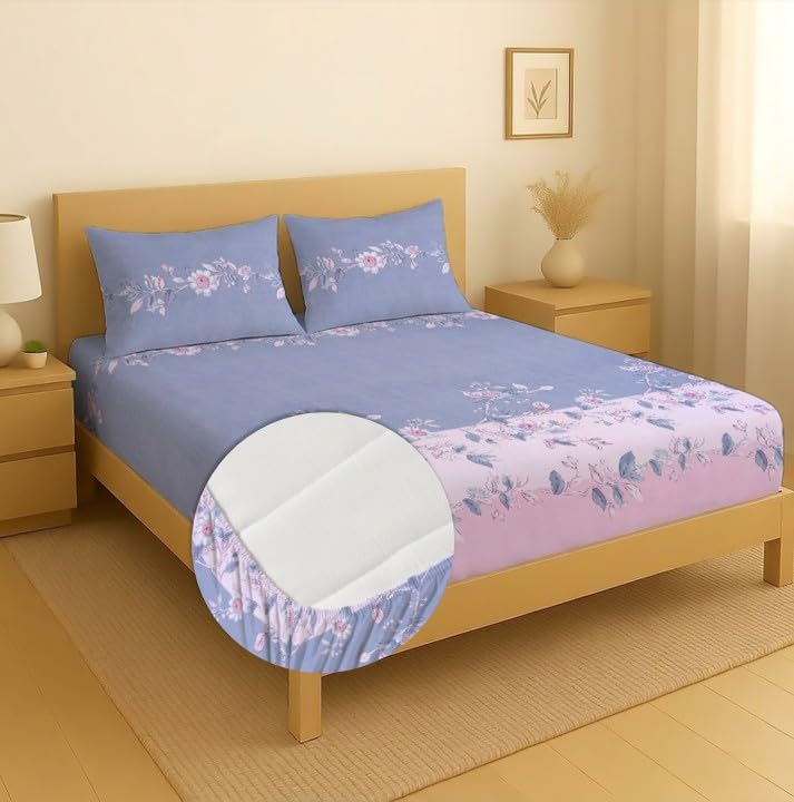 Image of la' amour Premium Cotton Elastic Fitted Bedsheets with 2 King Size Pillow Covers Double Bed with All Around Elastic Supersoft Size - 78X72+10 inches Light Grey Light Pink Abstract 200 tc - 220 tc