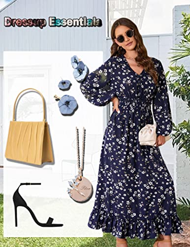MISSKY Casual V Neck Boho Floral Print Wedding Guest Maxi Dresses for Women Bohemian Flowy Maxi Dress3