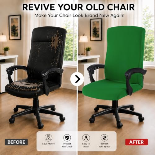 Image of Elastic Computer Chair Cover with Durable Zipper - Protective Removable Washable Universal Office Desk Chair Seat Slip Cover - Stretchy Soft Anti-dust Desk Chair Seat Protector for Pets, Green
