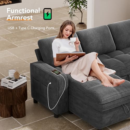 Image of Vipbear 81 inch Sectional Sleeper Sofa with Pull Out Bed, Chenille L Shaped Sleeper Sofa, Pull Out Couch with Reclining Backrest, Reversible Storage Chaise, USB Ports, Tool-Free Assembly, Dark Grey