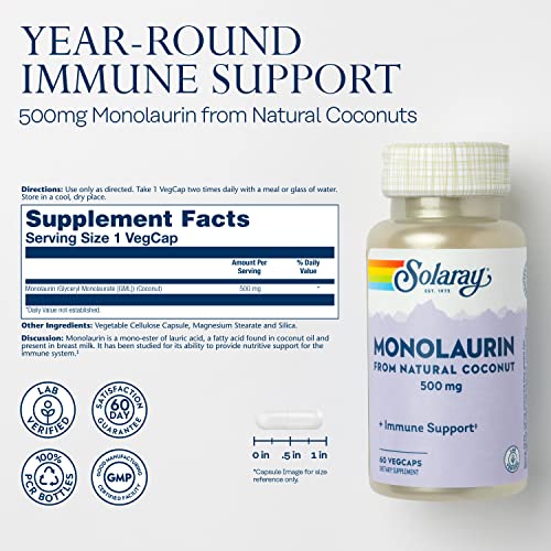 Solaray Monolaurin 500Mg Immune Support Supplement, From Natural Coconut, Helps Maintain Immune & Gut Health & A Balanced Gut Flora, 60-Day Money Back Guarantee, 60 Servings, 60 Vegcaps #TOP1