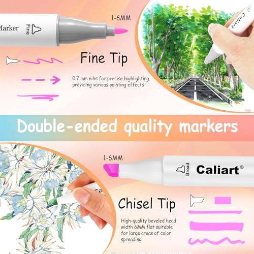 Image of Caliart Pastel Alcohol Markers, 61 Colors Fine & Broad Chisel Dual Tip Permanent Art Markers with Carrying Case, Alcohol Based Sketch Pens for Adults Artists Coloring Painting Drawing Illustration