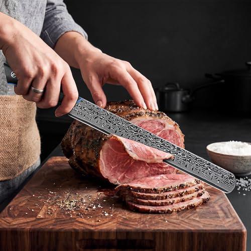 Image of FINTISO Brisket Knife 11.6 Inch, 67-Layer Damascus Steel Carving Knife for Meat, Razor Sharp Japanese Slicing Knives for BBQ Roasts, Turkey, Ergonomic Full Tang G10 Handle - Zeus Series