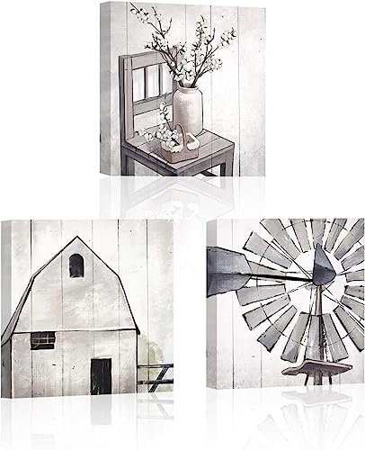 Skenoart 3 Piece Rustic Landscape Canvas Wall Artwork Farmhouse Painting Windmill Picture Modern Wall Art Print For Bedroom Bathroom Living Room Dining Room Wall Decor 12"X12"X3 Pcs #TOP10