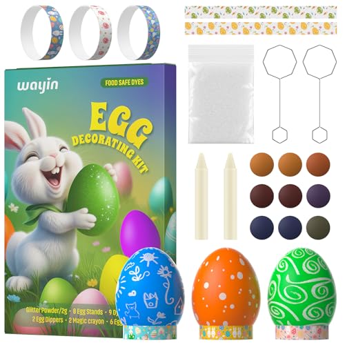 Wayin Egg Dye Kit - Easter Egg Decorating DIY Kit with Glitter Power, Dye Tablets, Egg Stands, Egg Dippers, Magic Crayon, Easter Egg Coloring Kit for Theme Party, Egg Hunt Creativity Activity