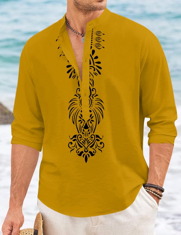 Image of FINIVO FASHION Men's Cotton Blend Short Kurta with Bold Printed Front Design | Full Sleeve Ethnic Casual Kurta with Mandarin Collar | Artistic Festival & Travel Wear for Modern Ethnic Style