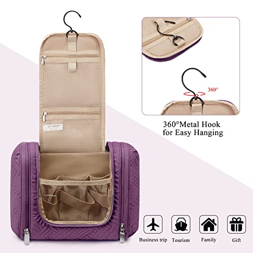 Image of BAGSMART Toiletry Bag for Women, Travel Toiletry Organizer with hanging hook, Water-resistant Cosmetic Makeup Bag Travel Organizer for Shampoo, Full Sized Container, Toiletries, Purple, Medium, Basic /Leisure