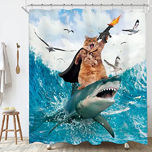 Image of Funny Surfing Cat Shower Curtain Riding Shark 60Wx72H Inch Decor | Hilarious Nautical Ocean Waves Seagull Teal Cute Animals Child Kids Boys Waterproof Polyester Fabric Bathroom 12 Hooks