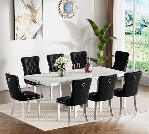 Image of 9 Piece Extendable Dining Table Set for 8, Expandable Kitchen Table Chairs Set for 8, 78.74 inch White Faux Marble Table with Black Velvet Chairs, Modern Dining Room Table Set for Family Gathering