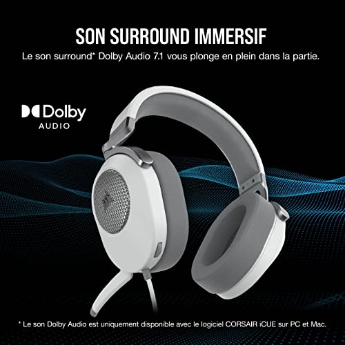 Corsair HS65 Surround Casque de Jeu Filaire Multiplateforme - Son Surround Dolby 7.1 - SonarWorks SoundID - Compatible iCUE - PC, Mac, PS5, PS4, Xbox, Nintendo Switch, Mobile - Blanc