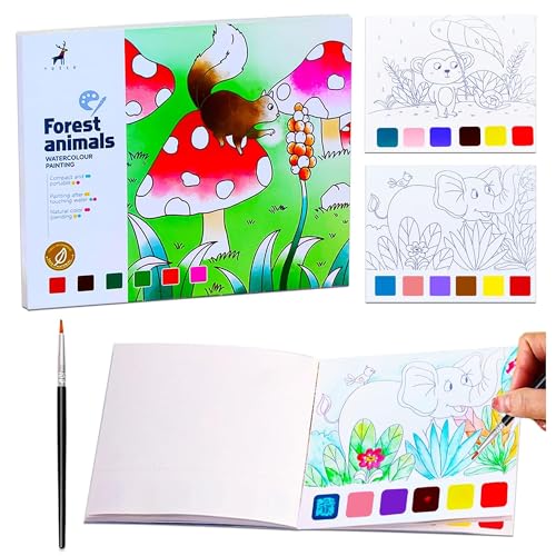 Image of Kidology Water Color Book for Kids - 20 Sheet Reusable Painting Book with Brush | Montessori Educational Art & Craft Set | Watercolor Activity Book Gift Kids (Forest Animal Theme)