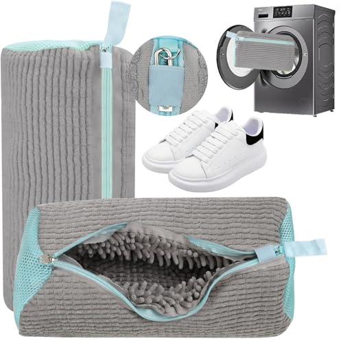 2Pcs Shoe Washing Bags for Machine - 40x20cm Premium Laundry Bags with Military Zipper | Wash Trainers Sneakers Bras Delicates | Durable Oxford Fabric Shock Absorbing Grey
