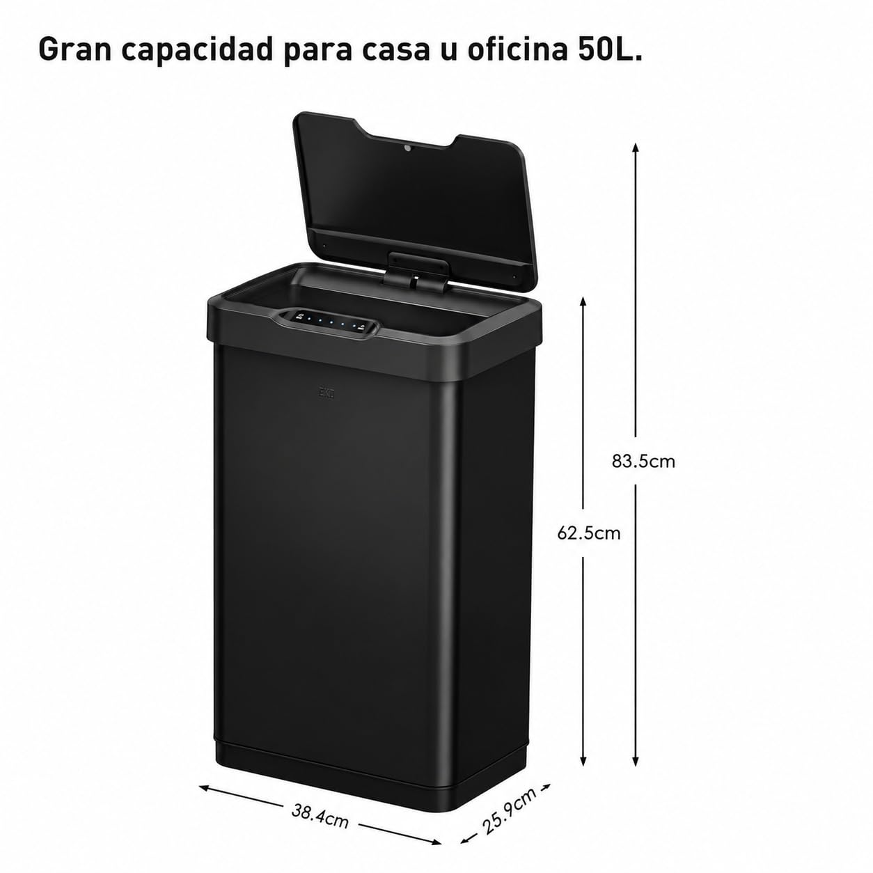 EKO Mirage-T - Cubo de basura rectangular con sensor de movimiento sin contacto de 50 litros/13.2 galones, acabado de acero inoxidable cepillado (negro mate)