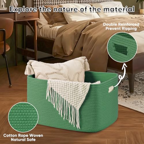 Image of OIAHOMY 75L Large Blanket Basket, Woven Cotton Rope Baskets for Organizing 22 inchx17 inchx12 inch, Blanket Basket living Room, Toy Storage Bins for Nursery, Green