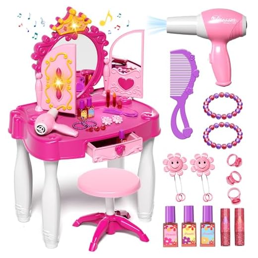 Eohemeral Toddler Makeup Table with Mirror and Chair, Kids Makeup Vanity Set with Accessories and Lights and Music Sound for Girls, Toddlers 3-5 Years Old
