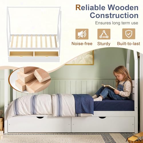 Image of Twin Size House-Shape Platform Bed with Headboard and 2 Storage Drawers, Montessori Wood Bed Frame with Roof and Chimney Design, No Box Spring Needed, Easy Assembly (White-06, Twin)