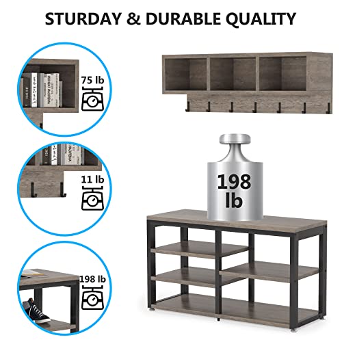Image of Tribesigns Coat Rack Shoe Bench Set Industrial, Hall Tree with 3 Storage Cubbies, 7 Hooks for Entryway, Hallway, 5-in-1Design, Vintage Grey
