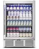 Feelfunn 24 inch Beverage Refrigerator - 180 Cans Under Counter Beverage Fridge with Glass Door & Safety Lock for Beer Wine Soda, Built-in or Freestanding Drink Fridge for Home Office Kitchen or Bar