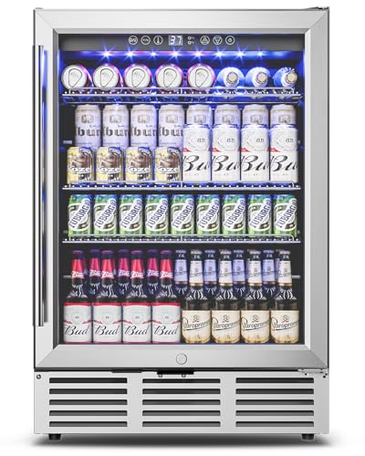 Image of Feelfunn 24 inch Beverage Refrigerator - 180 Cans Under Counter Beverage Fridge with Glass Door & Safety Lock for Beer Wine Soda, Built-in or Freestanding Drink Fridge for Home Office Kitchen or Bar