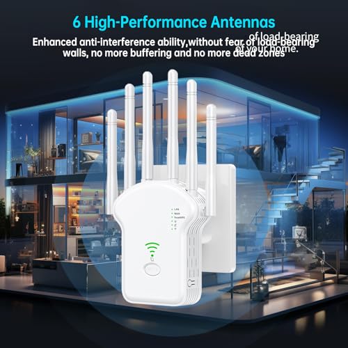 Image of WiFi Extender 6 Antennas,Wireless Signal Booster with Ethernet Port, Repeater /Router /AP 3-in-1 Modes, Long Range Wall Wireless Router Amplifier for office Home & Gaming