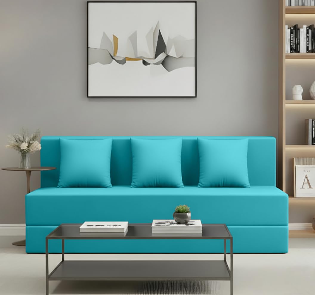 SleepArt 3 Seater Foldable Sofa Cum Bed | Suede Velvet Fabric | Convertible Sofa, Lounger & Floor Mattress | Pre-Assembled with 2 Pillows | Space Saving Guest Bed, Sky Blue-image-46