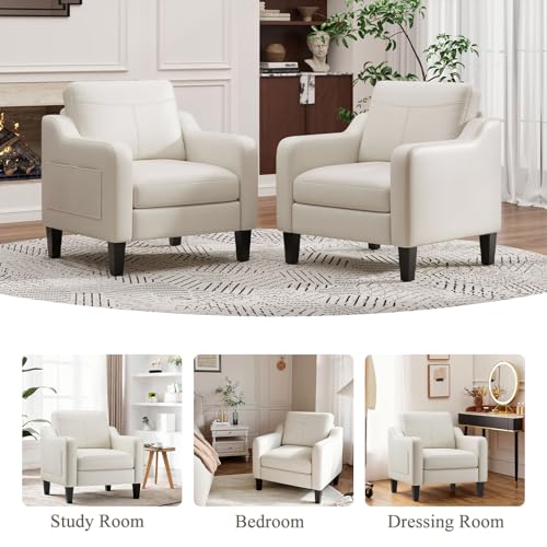 MALOL PU Leather Accent Chair, Mid-Century Modern Living Room Armchair Sofa with Removable Cushions, Solid Wood Frame & Stitched Armrest Design, Bedroom Chair with Plastic Legs, Beige by MALOL - Image 5