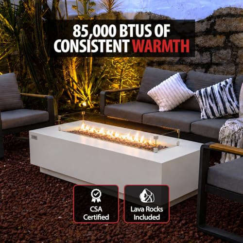 Image of AMS Creations | Savanah 72 inch Bundle Rectangular Cast Concrete Propane Gas Fire Pit Table | Cream White | Smooth Texture Surface | Electronic Ignition | Outdoor Patio Heater Outside Backyard Fireplace