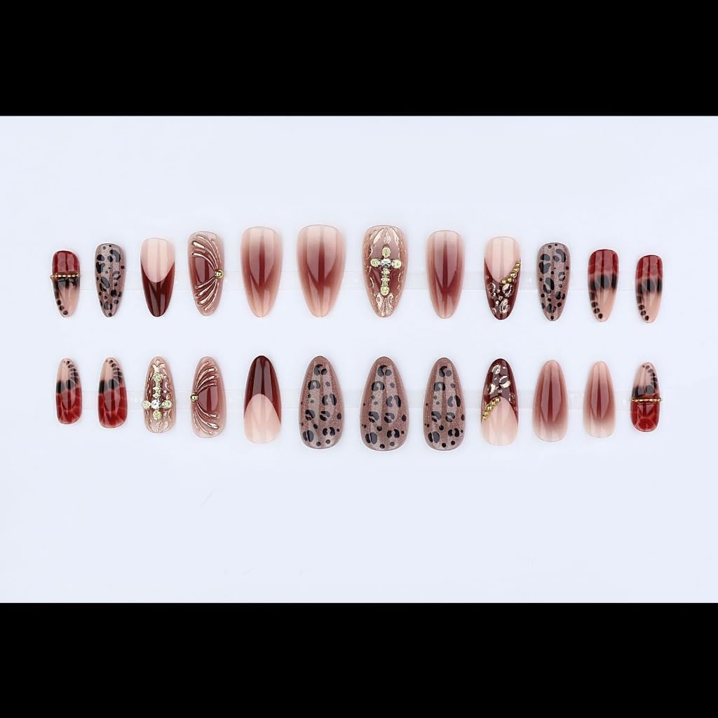 Comfortable Fit Presses on Nails French Nudes Pink Metal Leopards Print Crosses Highly Shining Finish for Everyday Use