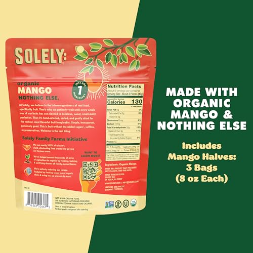 Image of SOLELY - Organic Dried Mango Halves (8 oz Resealable Bags, Pack of 3) - Real Fresh Fruit - 1 Ingredient - Healthy Snacks for Adults & Kids - Non GMO, Vegan Snacks, Shelf Stable - 3 Bags (24 oz)