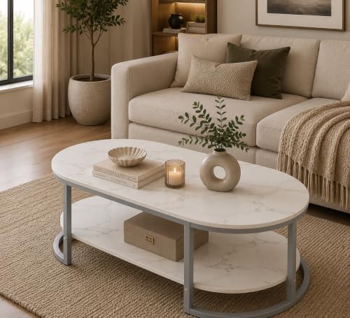 Image of CROWN ART SHOPPEE Coffee Tables for Living Room Modern Coffee Table Oval Sofa Table Center Tables for Living Room 2 Tier Side Table Small Apartment Home Furniture Black Gold 2T (Gry White)