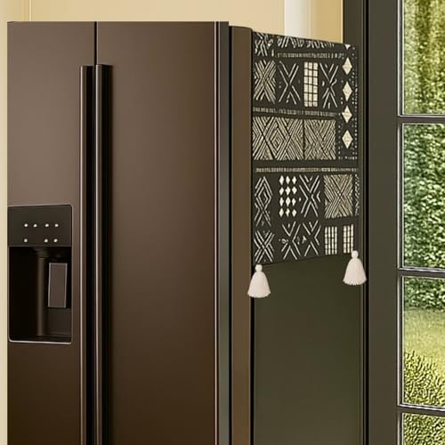 Image of WWW.THROWPILLOW.IN Fridge Top Cover for Side by Side Door >400L | Dustproof Refrigerator Cover Mat | Fits Godrej LG Haier Samsung Models | Mud Cloth Print | Side by Side Fridge Cover Top
