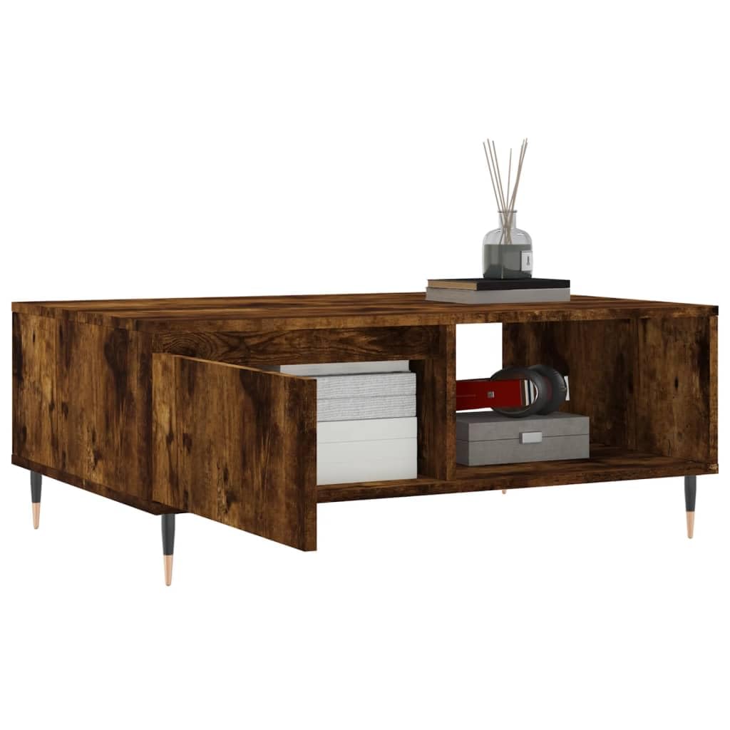 Couchtisch mit Ablagefächern 90x60 cm, Sofatisch Räuchereiche Eisen Gestell, Holzwerkstoff Couchtisch 90x60x35 cm