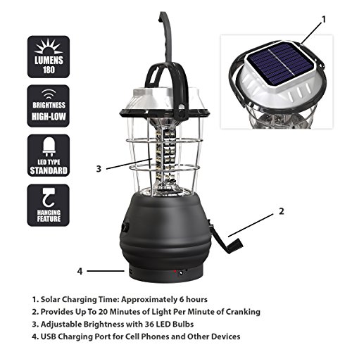 Dynamo Hand Crank Solar Powered Lantern - Battery-Operated or Rechargeable LED Light with Adjustable Settings for Camping by Whetstone (Black)