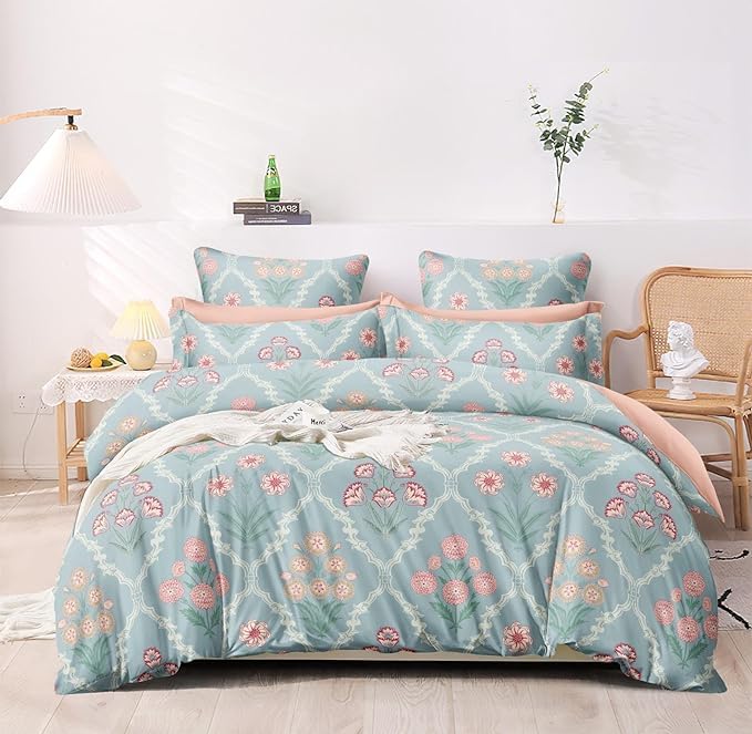 Image of DECOR2ADMIRE Super King Size Premium Bedsheet 108 x 108 Inches | 300 Thread Count | Glace Cotton | with 2 Pillow Covers | Abstract Prints | (Aqua Bloom)