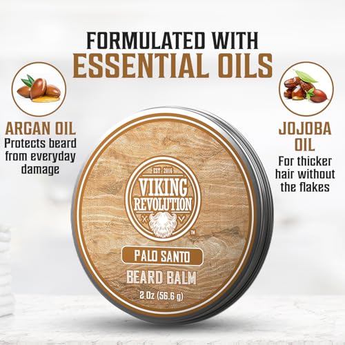 Image of Viking Revolution Beard Balm - Palo Santo - 2 oz | Natural Styling & Shaping Balm - Contains Argan Oil & Jojoba Oil - Softens, Conditions & Relieves Itchiness Below the Beard