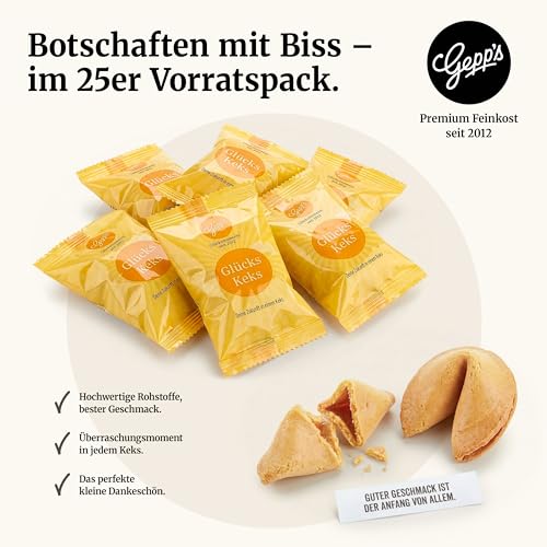 Gepp’s Feinkost Glückskekse mit unterschiedlichen Sprüchen I 25 Glückskekse für Hochzeit, Geburtstag, Taufe etc. I Gastgeschenk I Give Away & kleine Aufmerksamkeit mit Stil