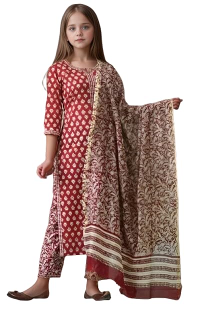 Image of Girls Printed Pure Cotton Kurta Pant with Dupatta
