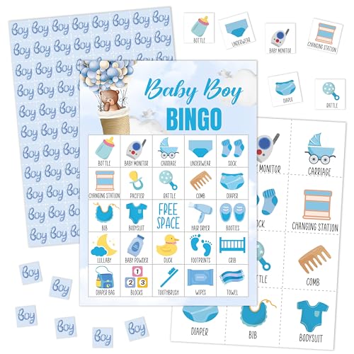 HRIOROII Baby Shower Bingo Games, Blue Balloon Bear Bingo Game Cards, Baby Shower Decorations Favors Supplies, Babyshower Games, Gender Reveal Party Game Cards for 24 Players -02