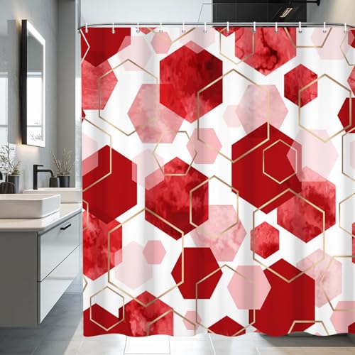 deFouliao Red Shower Curtain Modern Abstract Geometric Grid Bathroom Curtain Sets for Bathtub Home Art Decor, Waterproof Fabric Washable with Hooks, 72x84 Inch