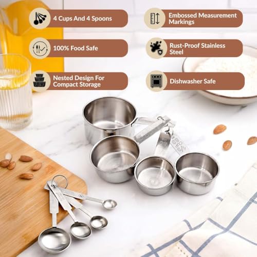 Image of Nestasia Stainless Steel Measuring Cups & Spoons Set of 8 - Stain & Rust Resistant Measuring Cups with Measurement Markings for Cooking & Baking | 100% Food Safe, Dishwasher Safe & Nested Tools