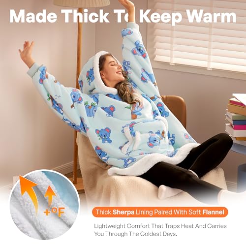 Image of Giggling Getup Wearable Blanket Hoodie for Adults Gifts for Teen Girls Sister Women Sherpa Fleece Printed Hooded Blanket Sweatshirt Warm Cozy with Pocket & Sleeves Sky Blue Koala