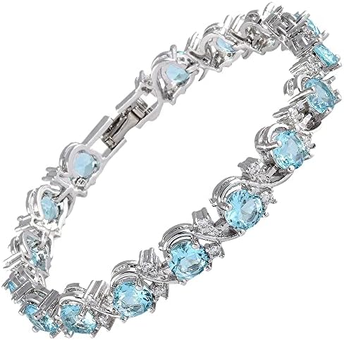 RIZILIA BLOSSOM Round Simulated Aquarmarine and White Cubic Zirconia 18K White Gold Plated Tennis Bracelet, 7"