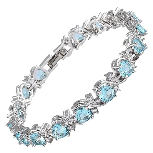 RIZILIA BLOSSOM Round Simulated Aquarmarine and White Cubic Zirconia 18K White Gold Plated Tennis Bracelet, 7"